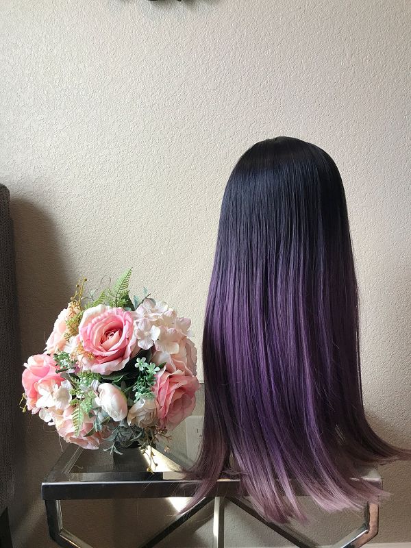 22" Omber Purple Straight Wig With Bangs