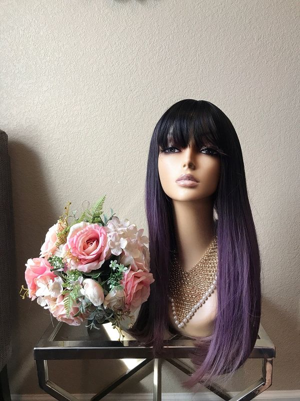 22" Omber Purple Straight Wig With Bangs