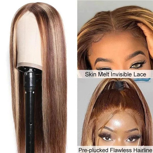 Honey Blonde Highlight Color Silk Straight 4x1 Lace Part