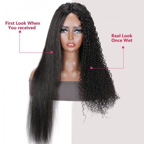 Magic Straight V Part Wig Human Hair Becoming Jerry Curly Wig After Wet
