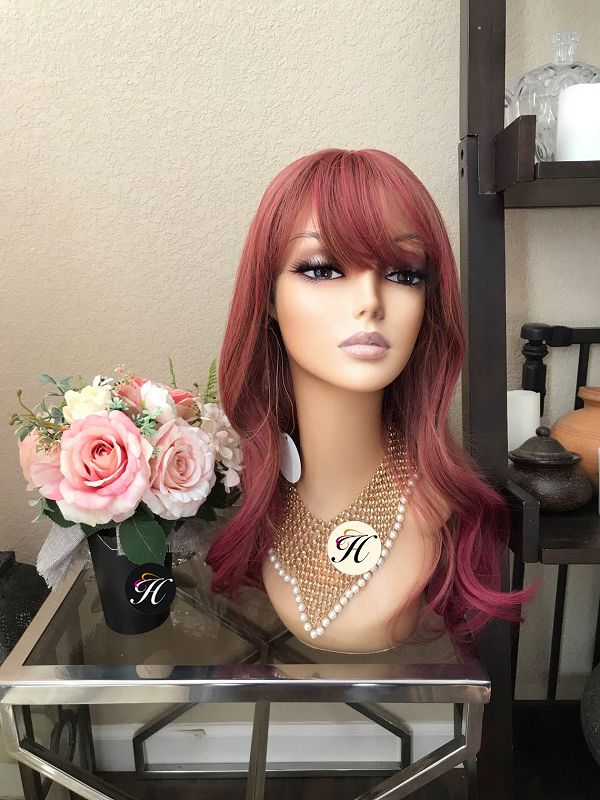 20" Omber Burgundy Curly Wig With Bangs