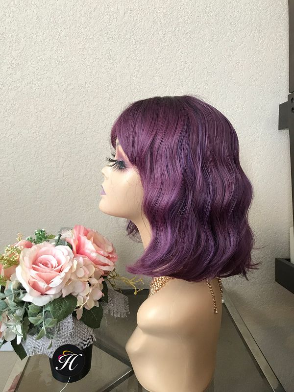 12" Purple Bobo Curly Wig With Bangs