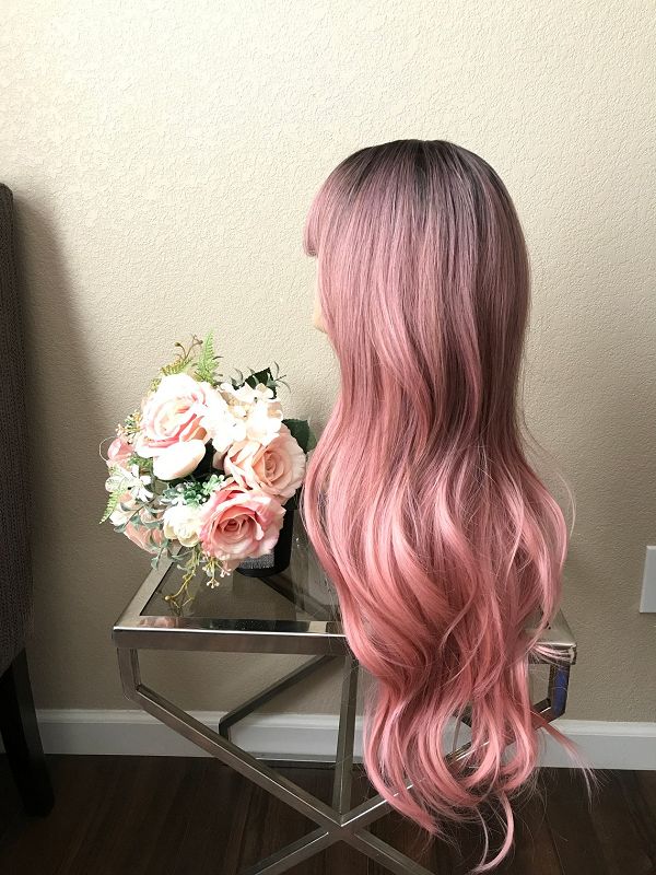 28" Omber Pink Curly Wig With Bangs
