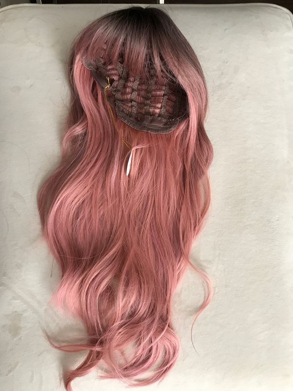 28" Omber Pink Curly Wig With Bangs