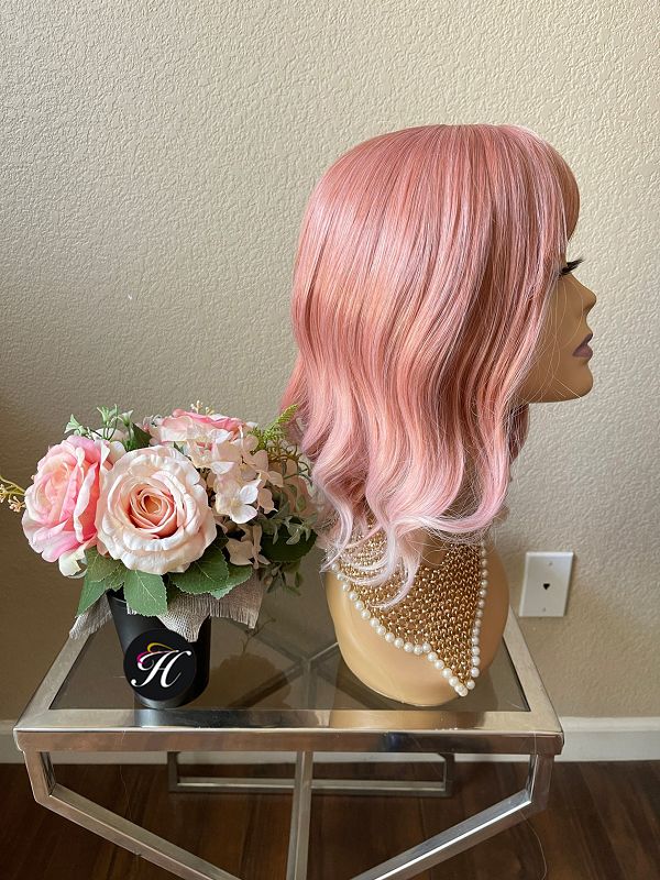 13" Omber Pink Tail Curl Wig With Bangs
