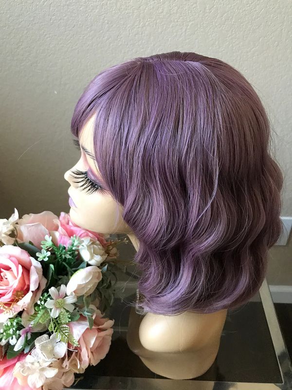 12" Omber Purple Short Curly Wig With Bangs