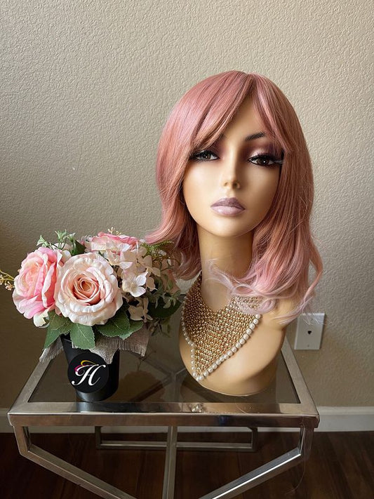 13" Omber Pink Tail Curl Wig With Bangs