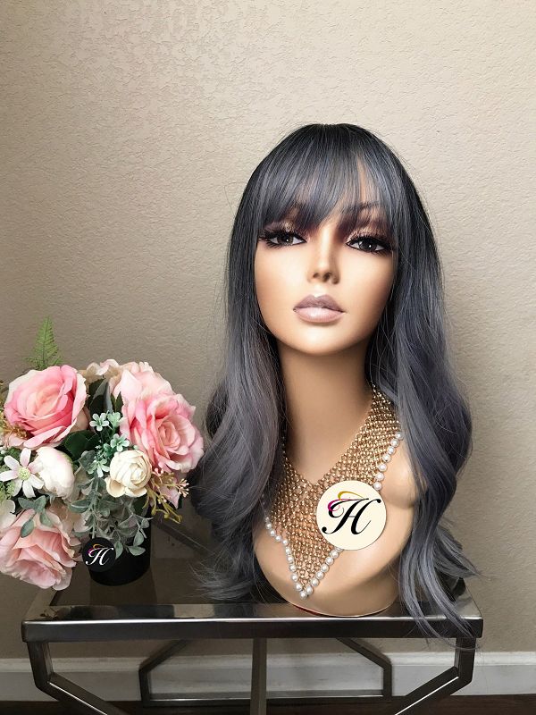 20" Gray Curly Wig With Bangs